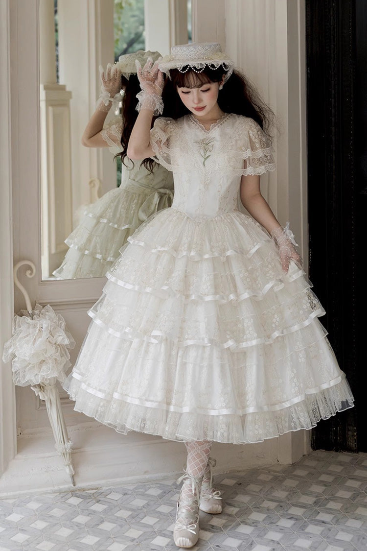 Ivory Morning Dew Lily Short Sleeve Multi-Ruffle Embroidery Elegant Lolita Gown