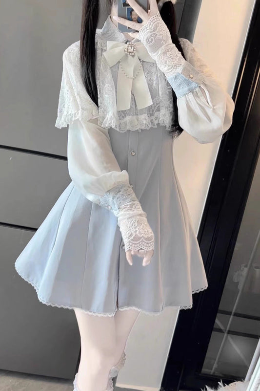Aqua Shawl Lace Chiffon Long Sleeves Slim Jirai Kei Dress