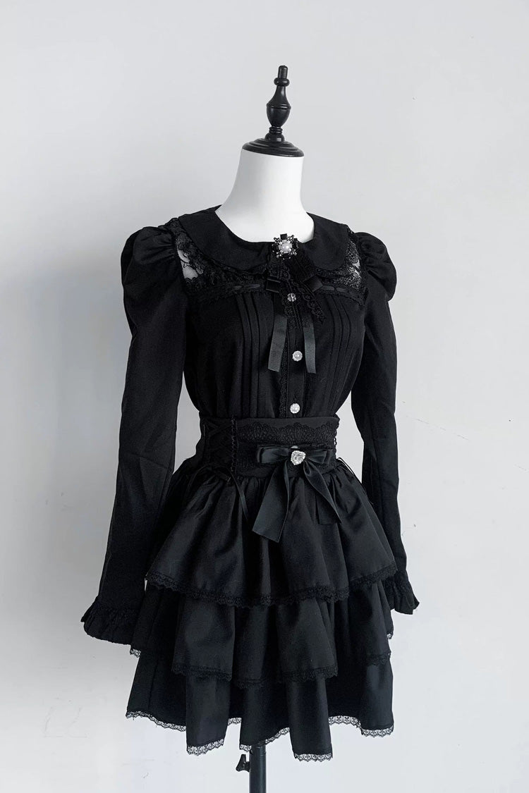 Doll Collar Triple Layered Ruffled Bow Lace Jirai Skirt and Blouse Set in Two Colors