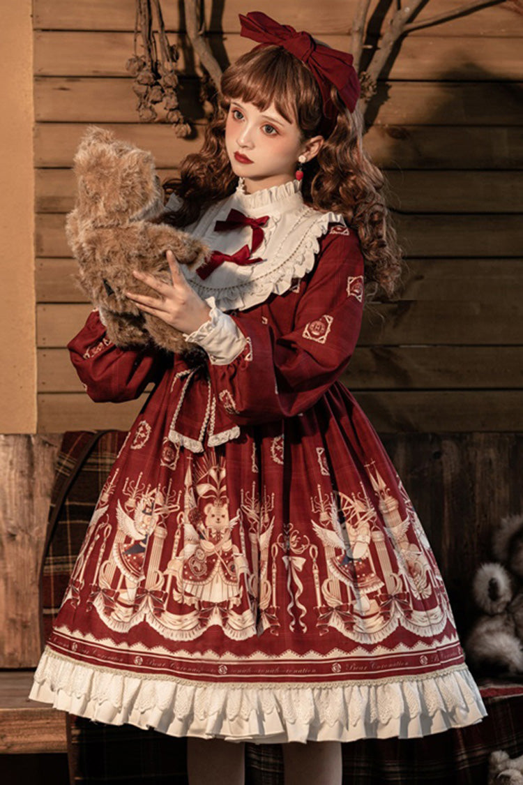 Hanayome OP Dress with Bear Print, Ruffles, and Lantern Sleeves