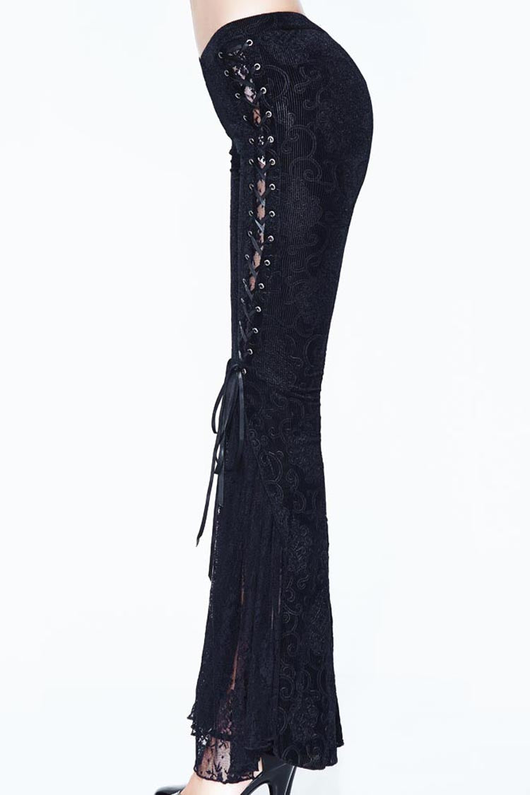 Lace-Up Flared Velveteen Gothic Pants with Pattern