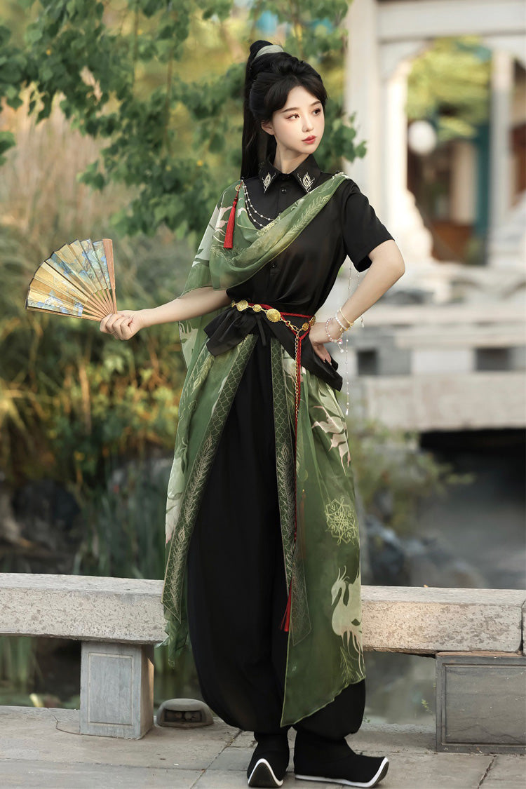 Embroidered Lapel Collar Short Sleeve Wuxia Hanfu Pants Set