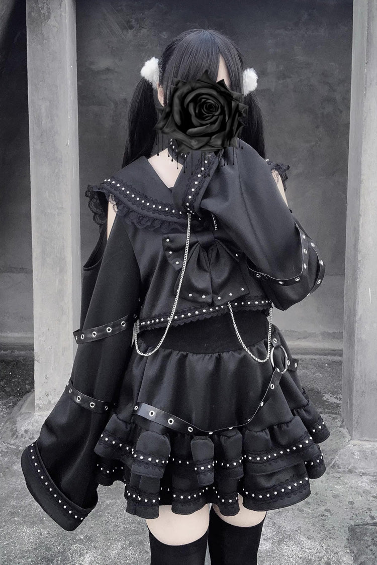 Black Gothic Studded Ruffle Bow Navy-Collar Jirai Kei Top & Skirt