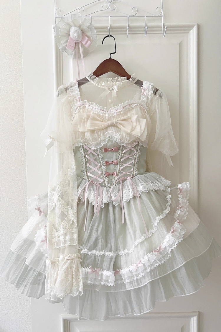 Green Camellia Bow Lace-Up Sweet JSK