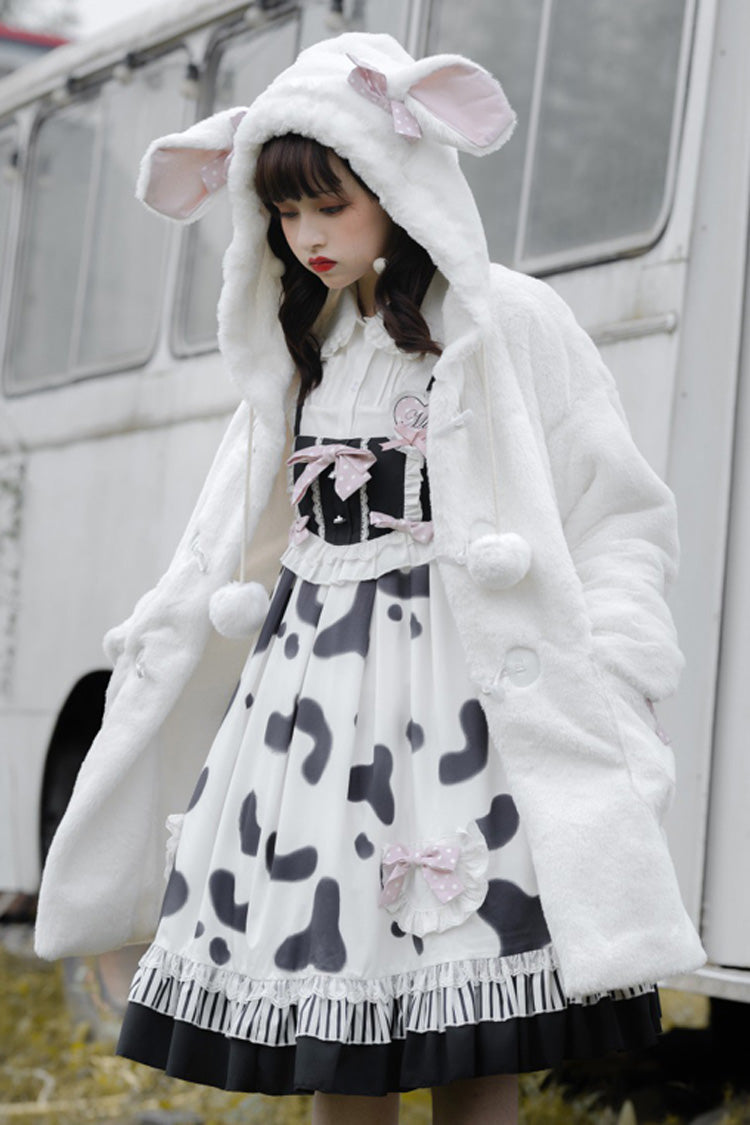 Black/White Sweet Lolita Jsk Dress High Waist Ruffled Milk Pudding Printed - Altfashion Shop