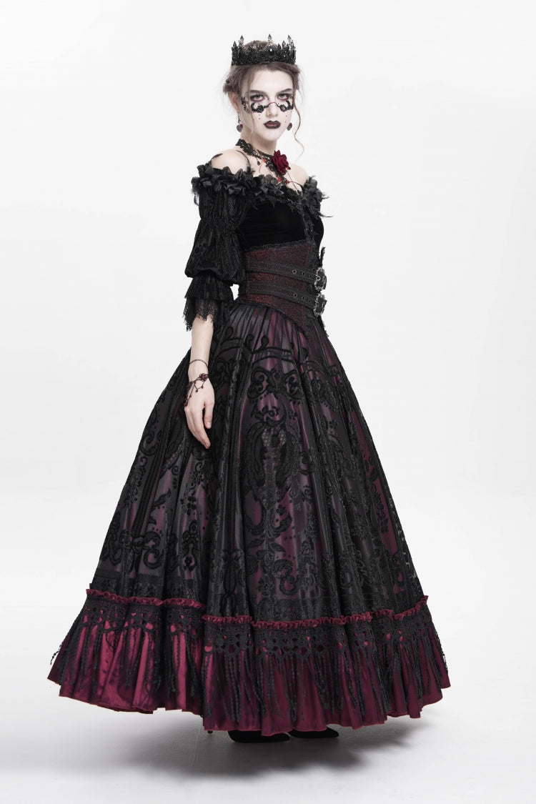 Scarlet Jacquard Embroidered Long Gothic Skirt with Buckle and Tassels