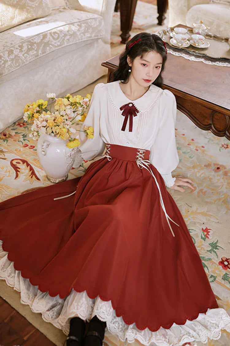 High-Waisted Lace Wave Hem Two-Piece Classic Lolita Dress