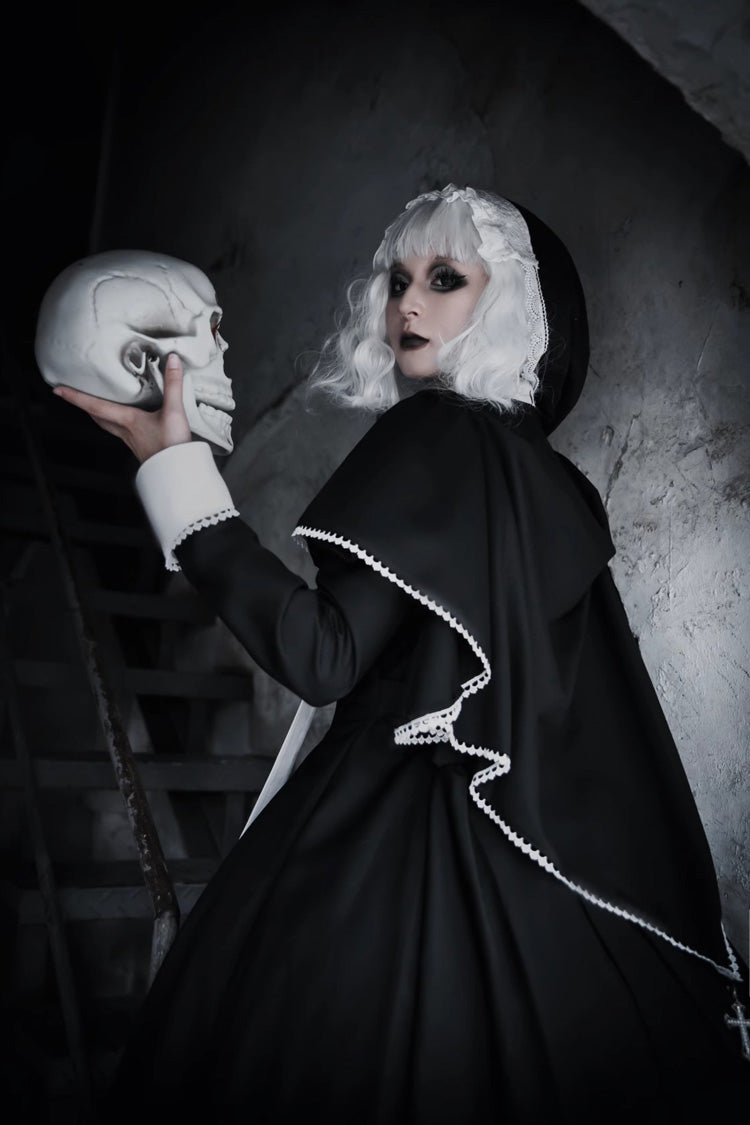 Black Stitching Lace Long Sleeve Gothic Elegant Lolita Dress - Nun