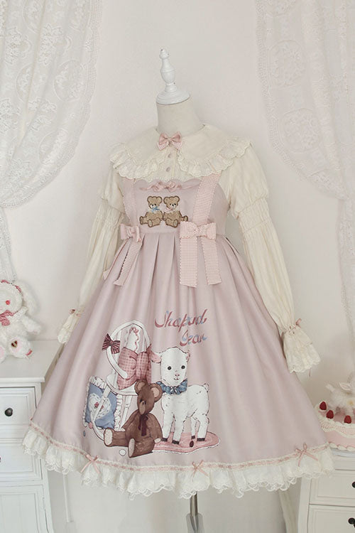 Pink Sheep & Bear Print Alice Girl Bow Ruffled Sweet Lolita JSK Dress - Altfashion Shop