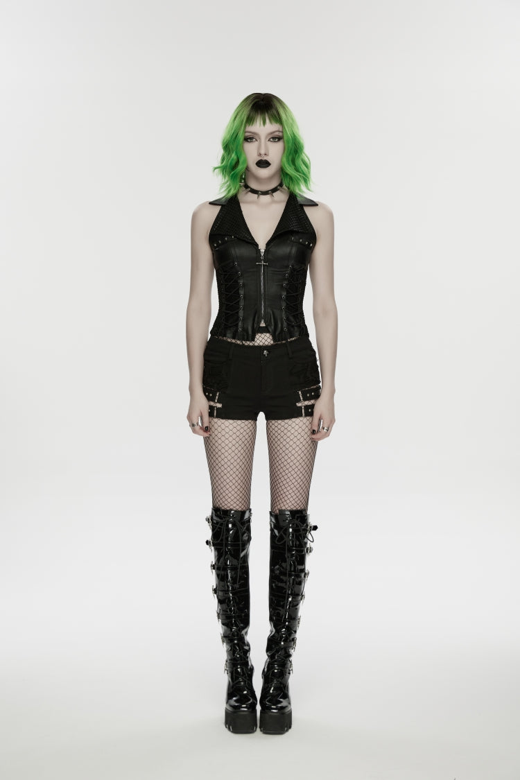 Studded Punk Shorts with Ripped Detail in Black