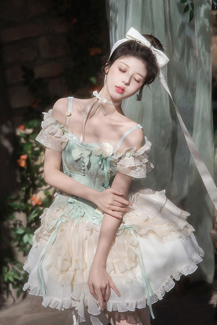 Green Off-Shoulder Bow Lace Ballet Tiered Dress
