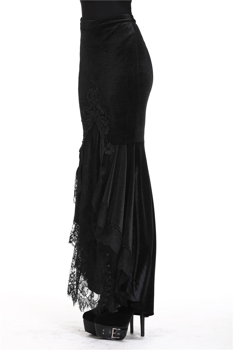 Sable Velour Lace-Trim Gothic Mermaid Skirt