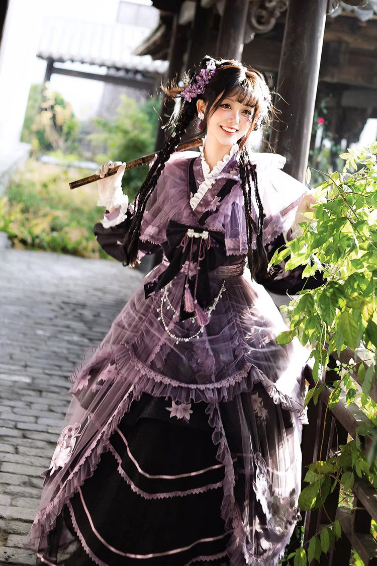 Purple Stand-Collar Embroidered Bow Elegant Chinese-Style Lolita Dress Set