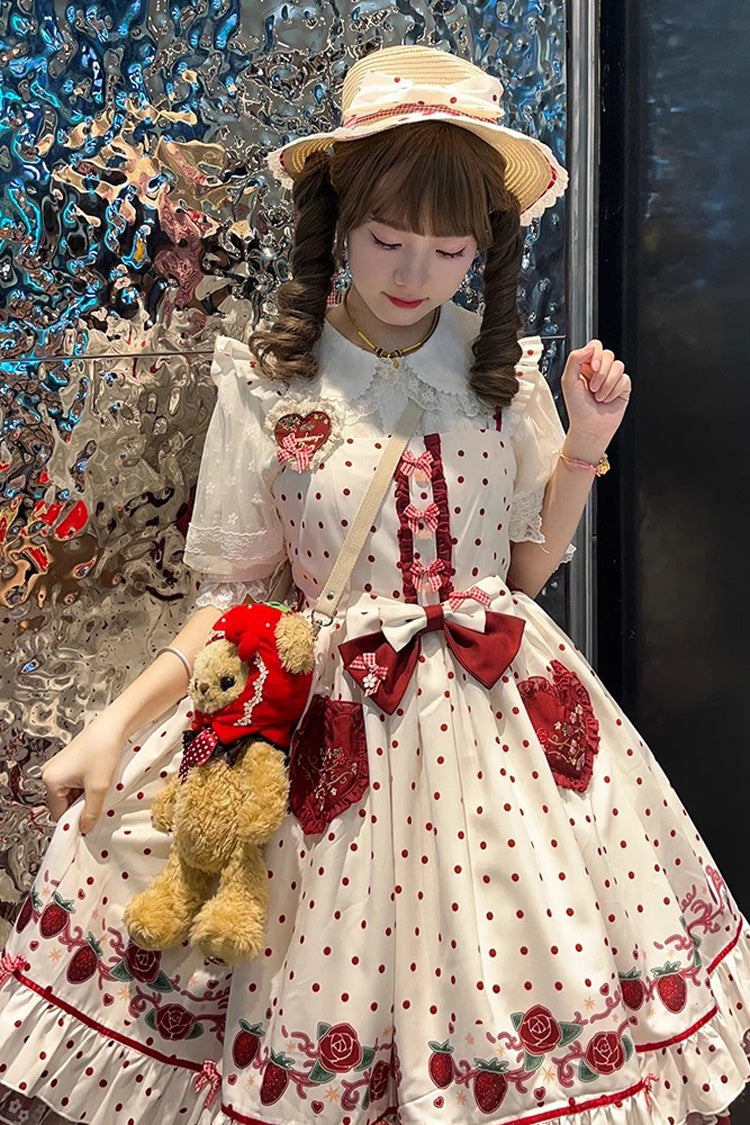 Ivory Strawberry Print JSK Dress with Ruffles - Strawberry Diary