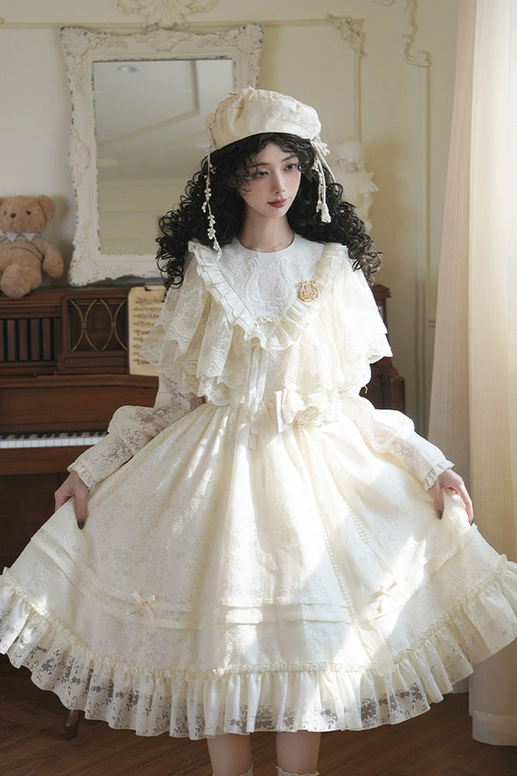 Cream Flower Sound Long Sleeve Frilled Cardigan Bow Lace Sweet Lolita Dress