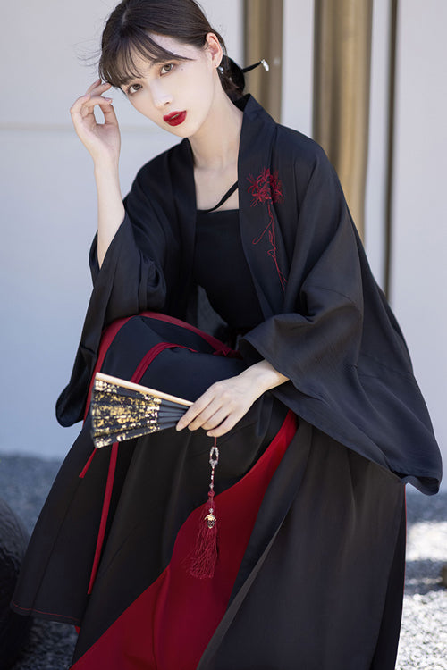 Crimson & Noir Song Dynasty Floral Embroidered Hanfu Set