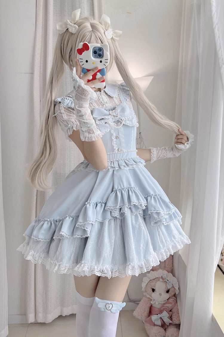 Light Blue Double-Layer Ruffle Bow Lace Sweet Jirai Kei Dress Set