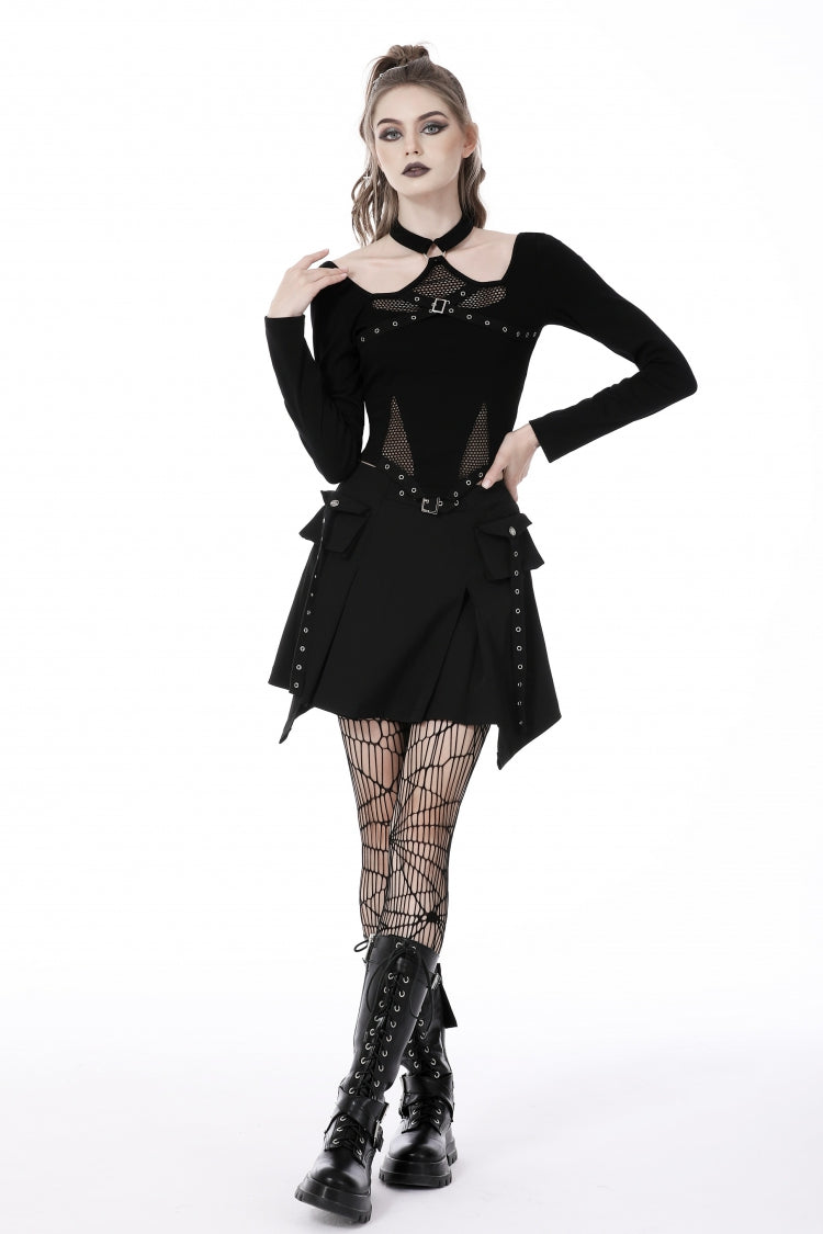 Trendy Black Eyelet Mesh Splice Long Sleeve Halter Punk Crop Top
