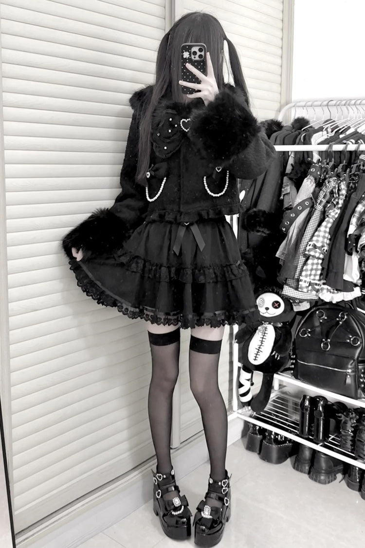 Black Bow-Trimmed Wool-Blend Gothic Jirai Kei Short Jacket