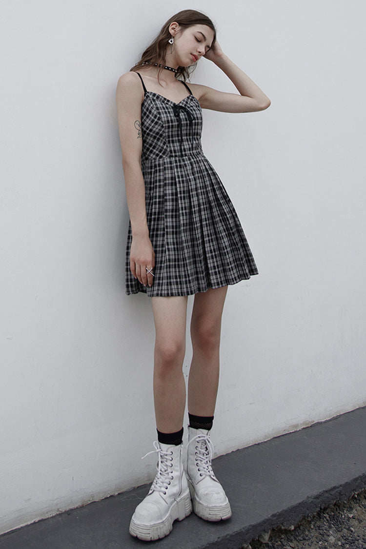 Plaid Front Chest Bow Decoration Punk Slip Dress - White/Black
