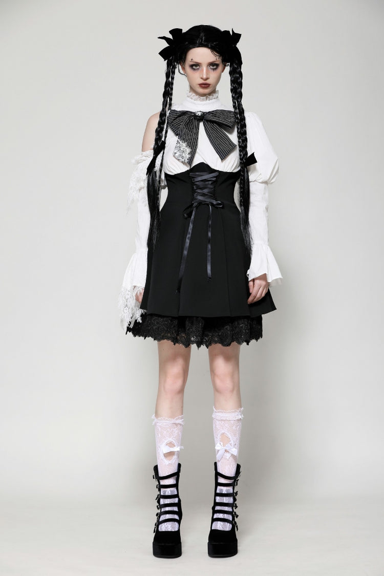 Black/White Asymmetric Puff Sleeve Gothic Mini Dress