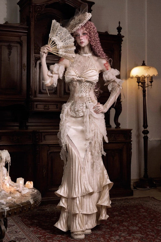 Golden Cupid’s Poetry Box Halterneck Ruffled Embroidered Bow Lace Slim Fishbone Gothic Lolita Top and Skirt Dress Set