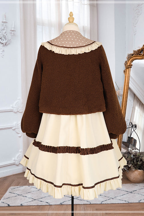 Cream OP Dress - Round Collar Lantern Sleeves Bear Sweet Lolita