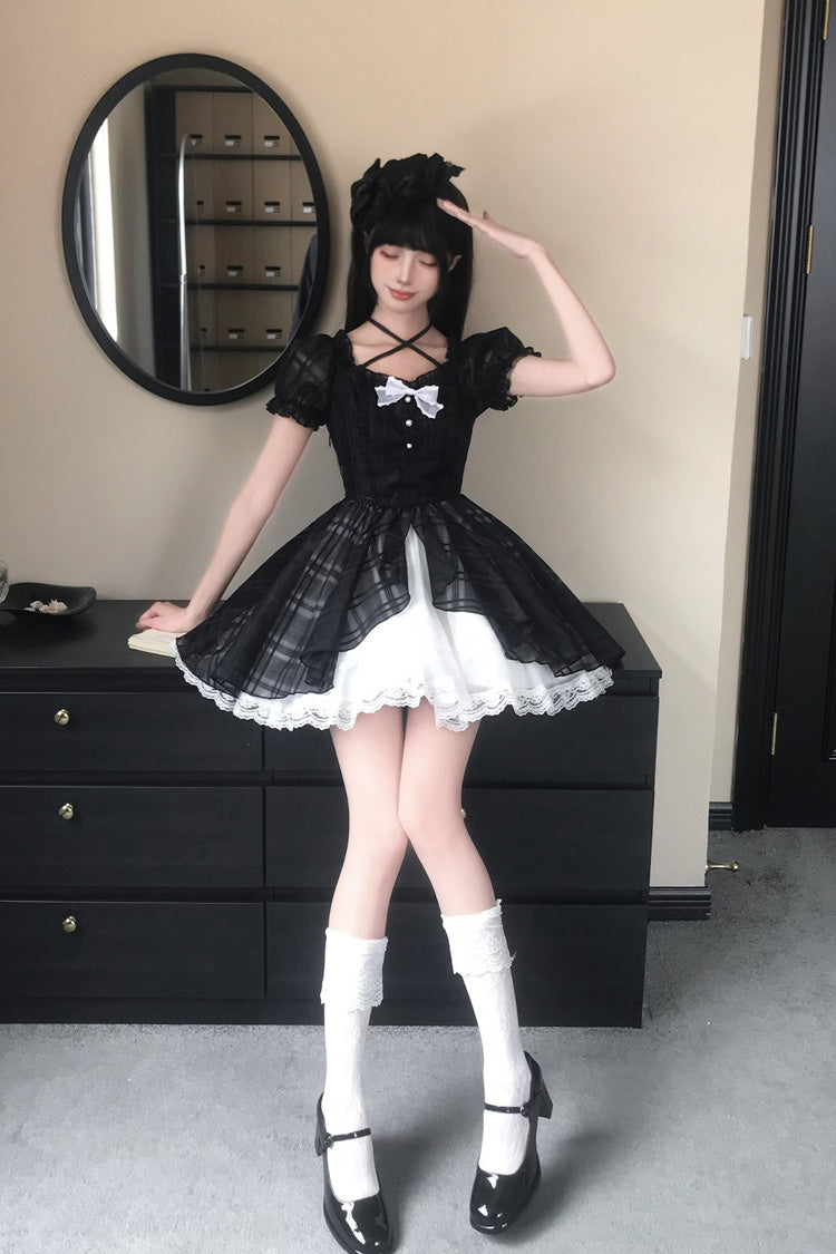 Black/White Square Collar Short Puff Sleeves Plaid Printed Ruffled Bow Lace Sweet Princess Lolita Dress