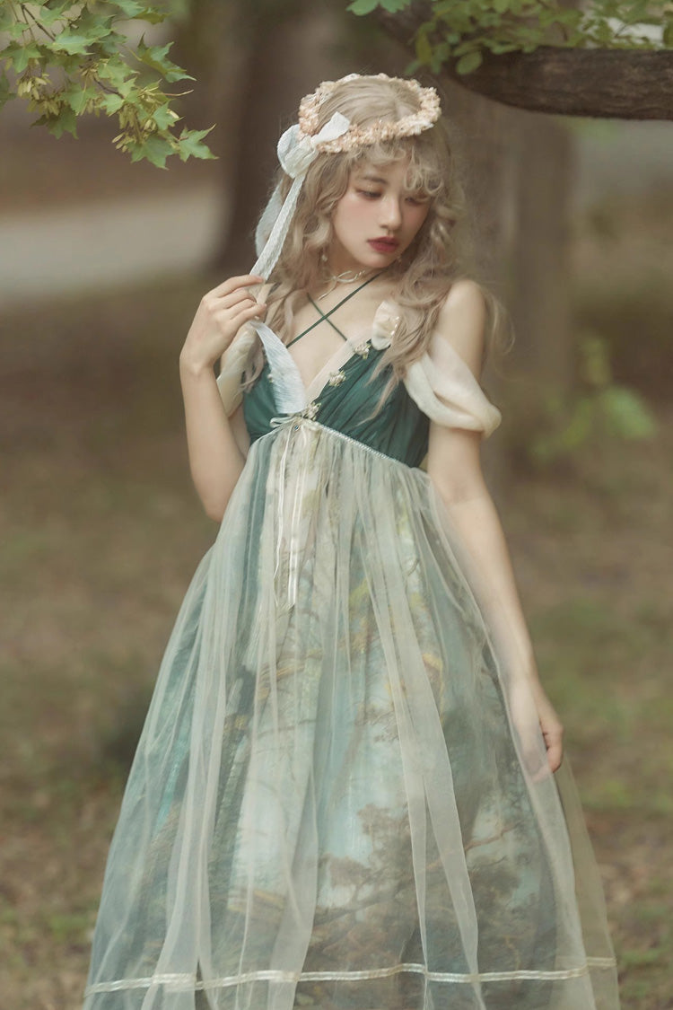 Green V-Neck Morning in Pine Forest Printed Sweet Lolita Jumper Dress