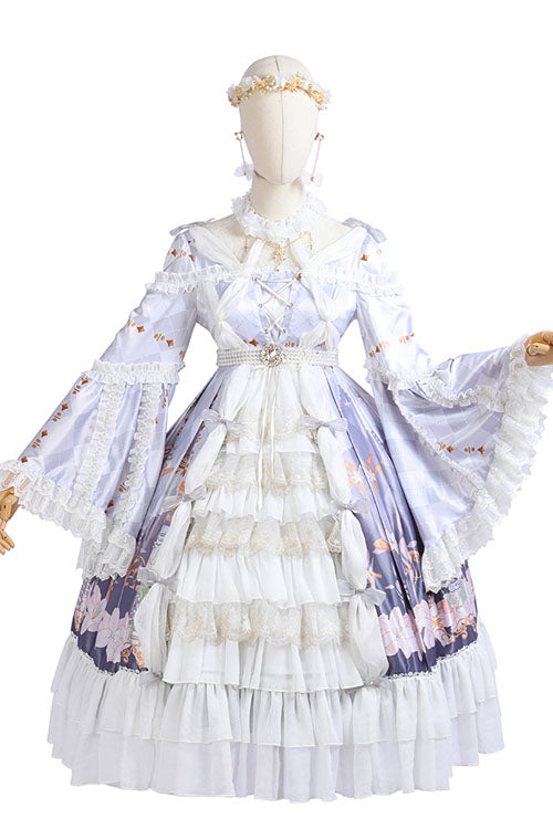 Ivory and Lavender Hanayome Cardigan High-Waist Flared Sleeve Layered Ruffled Sweet Lolita OP