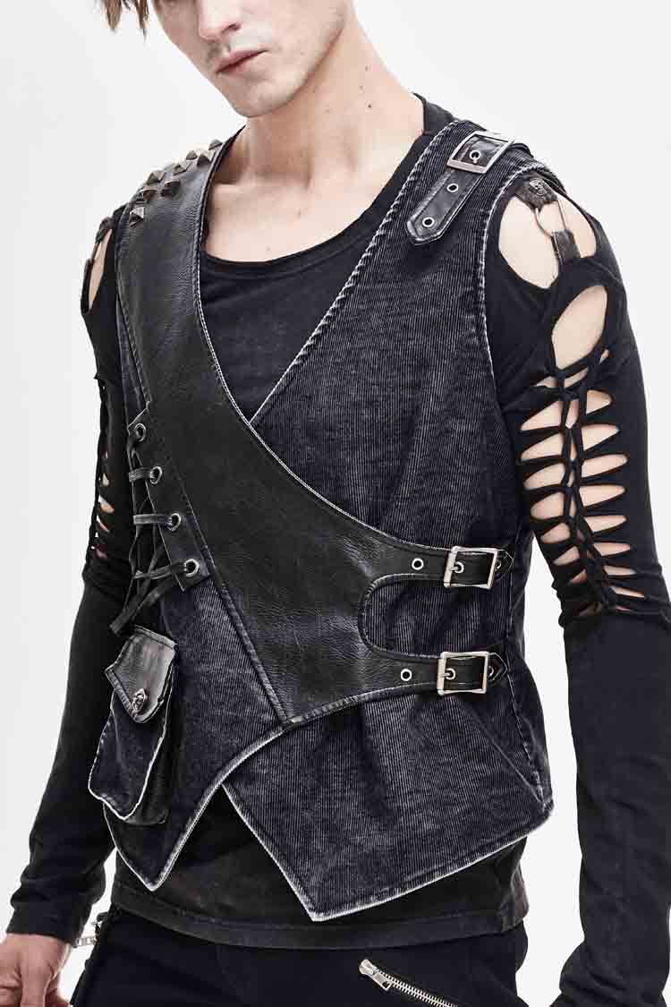 Rivet Corduroy Punk Waistcoat with Lace-Up Details