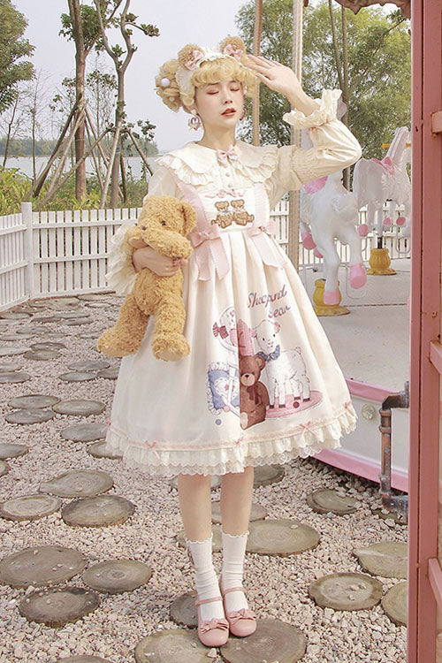 Ivory Sheep & Bear Print Alice Girl Bow Ruffled Sweet Lolita JSK Dress - Altfashion Shop
