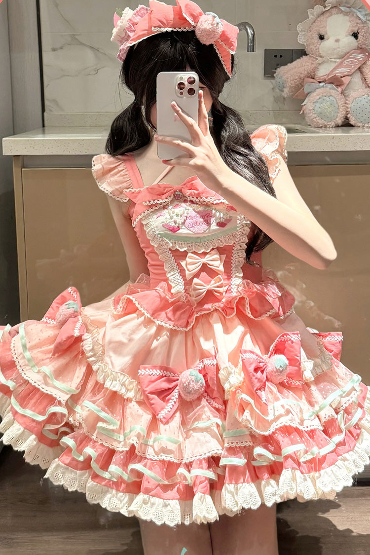 Pink Tiered Sweet Lolita Dress with Print and Multi-Layered Ruffle Bowknot
