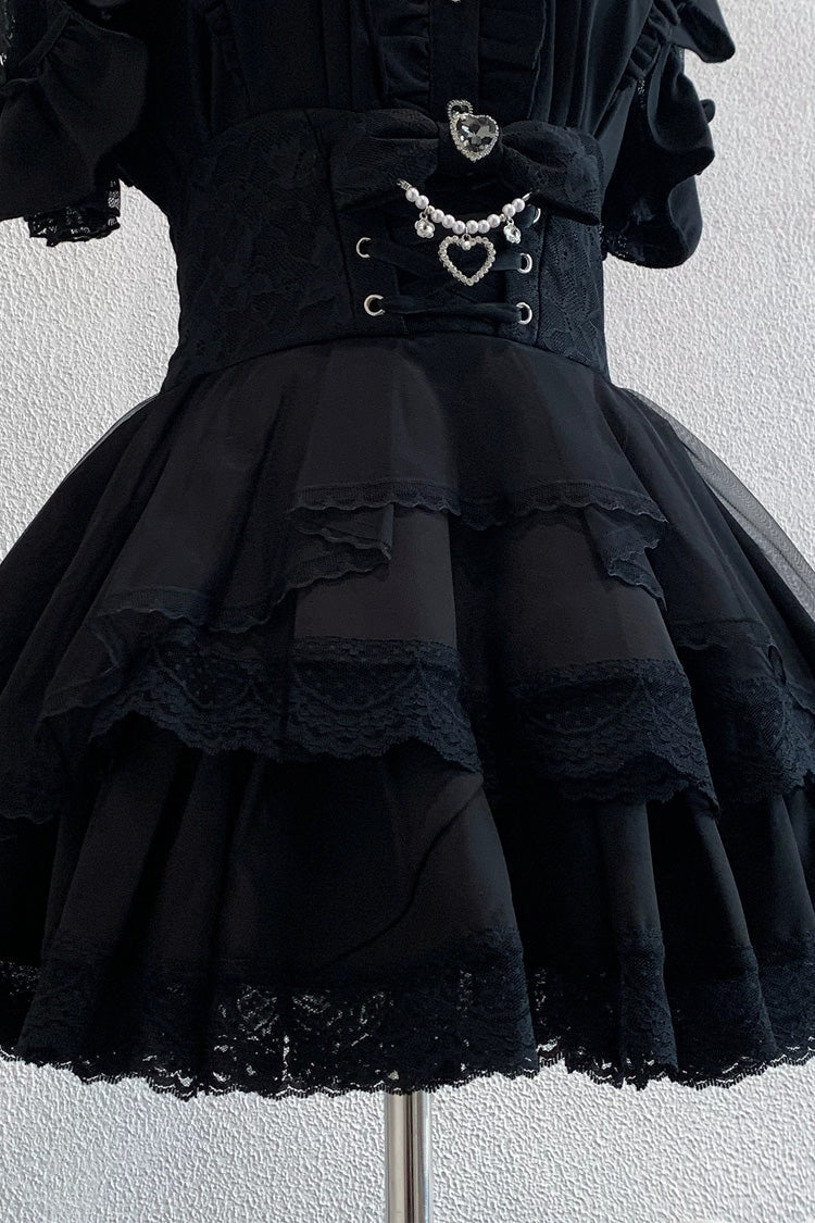 Midnight Lapel Long-Sleeve Layered Ruffled Skirt Set - Dreamy Love Ballad