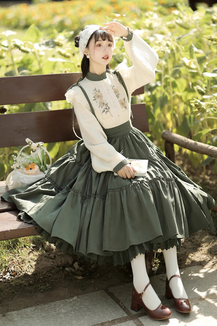 White/Green Country Sunflower Sweet Two-Piece Skirt Set - Sweet Lolita