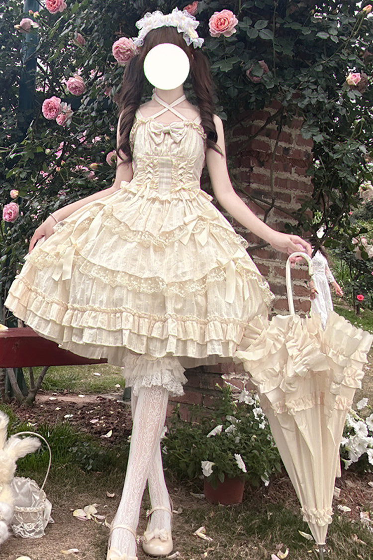 Apricot Sweet Lolita JSK Dress with Double-Layer Bowknot Lace-Up and Sleeveless Design