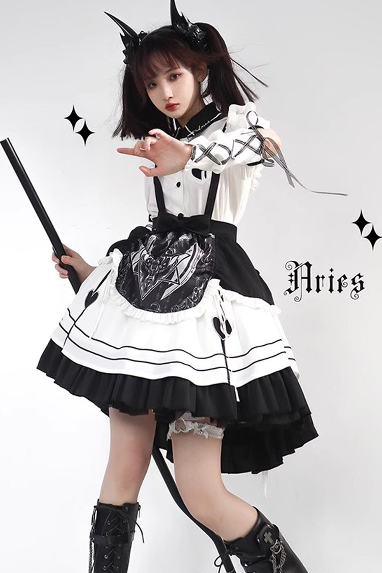 White Black Ruffle British Style Maid Gothic Lolita Strap Dress