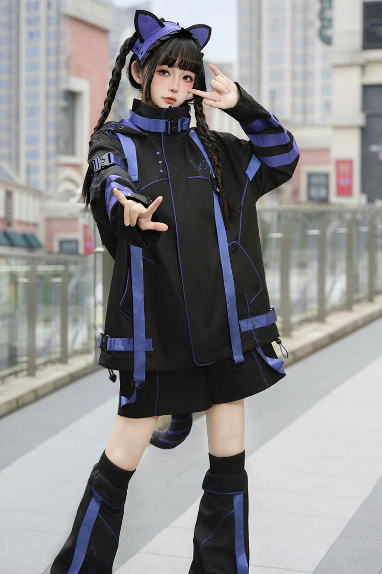 Blue/Black Long Sleeve Cat Ear Hooded Jirai Kei Coat