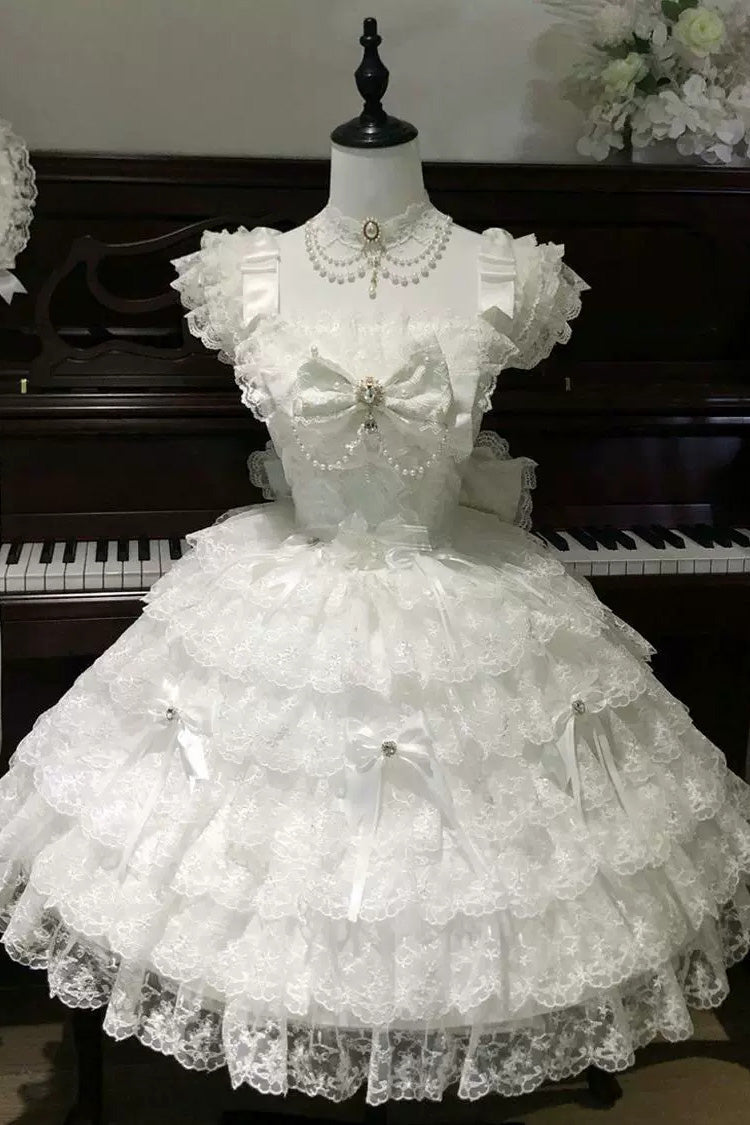 Ivory Square Collar Sleeveless Multi Bow Lace Pearl Gothic JSK