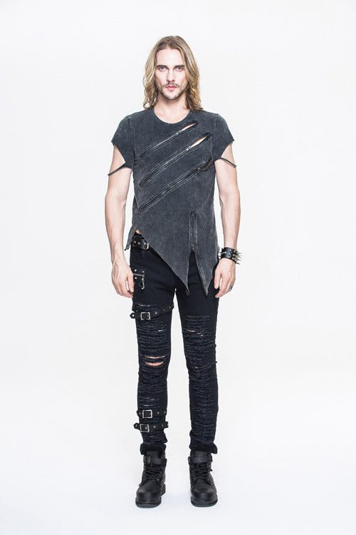 Punk Faded Zip-Up Tee with Rock Motif for Men
