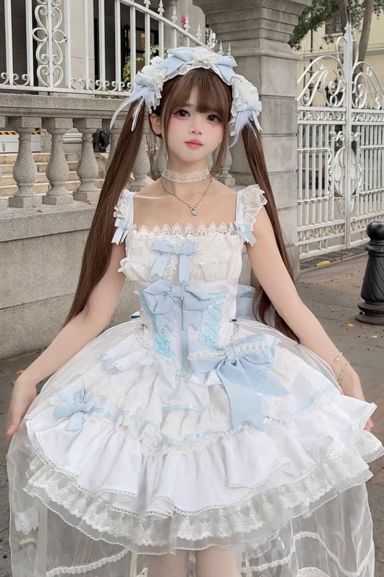 Blue/White Clouds and Mist Multi-Layered Ruffle Ribbon Lace Girly Princess Lolita JSK Gown