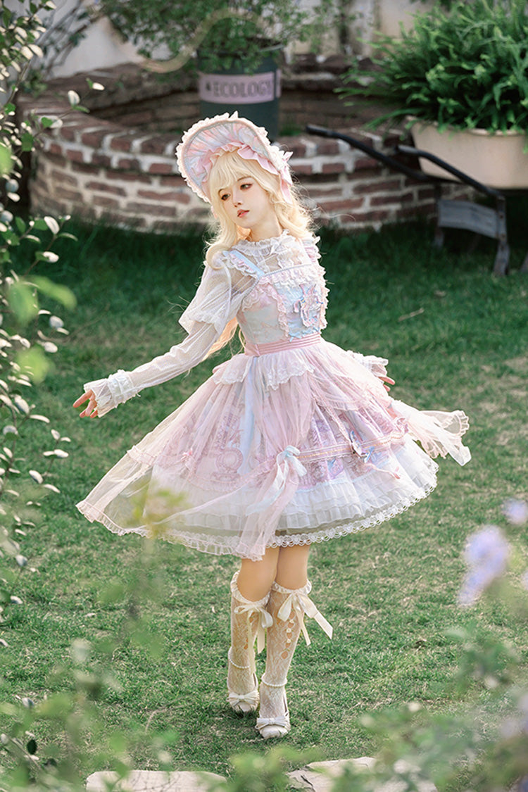 Pink Blue Multi Print Ruffle Bow Lace Sweet Gorgeous Lolita Jsk Dress