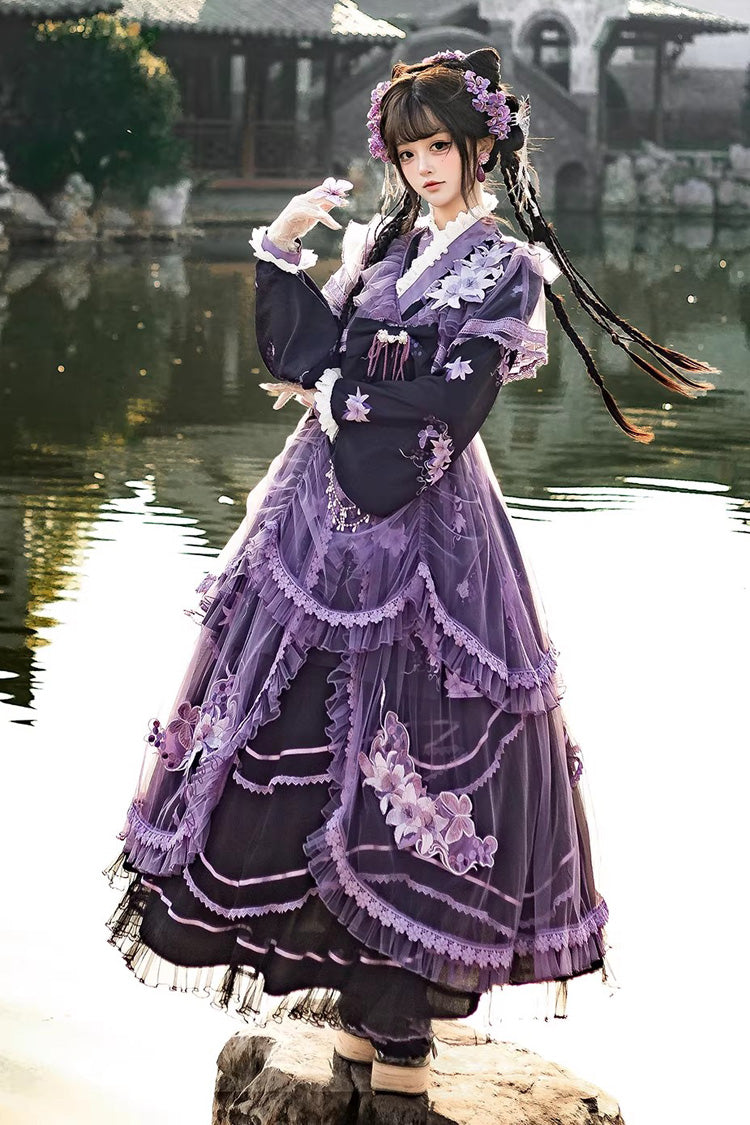 Purple Stand-Collar Embroidered Bow Elegant Chinese-Style Lolita Dress Set