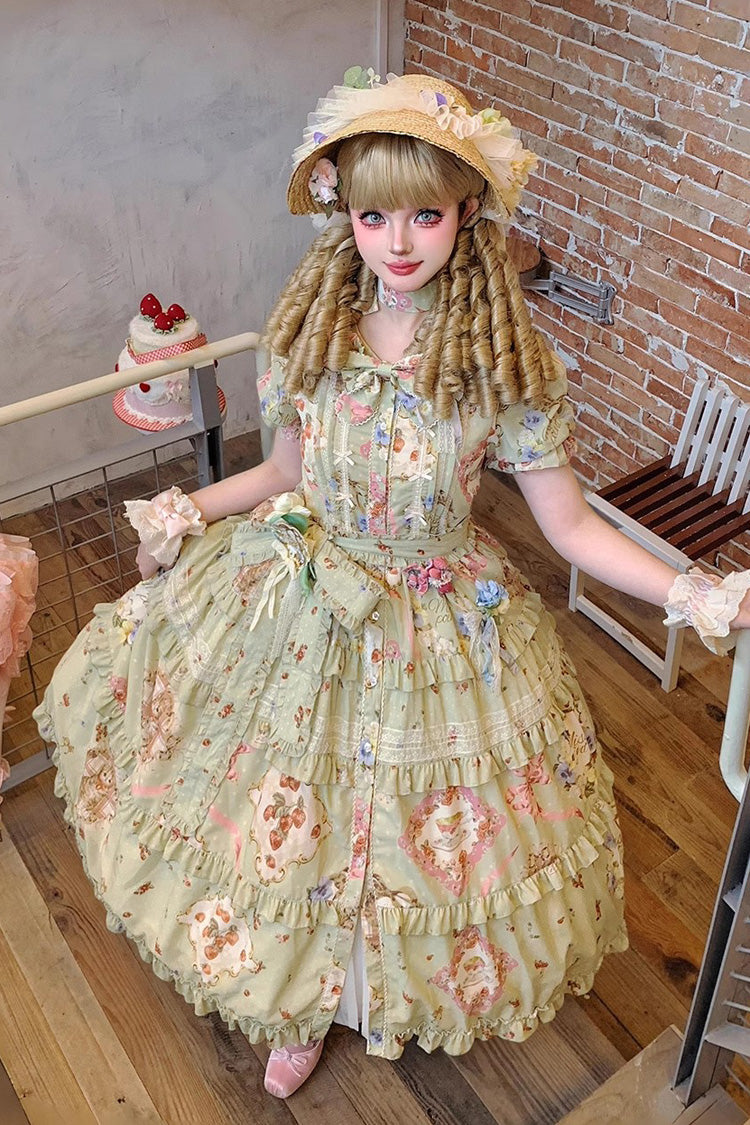 Green Short Sleeve Print Ruffle Cardigan Daily Sweet Dress