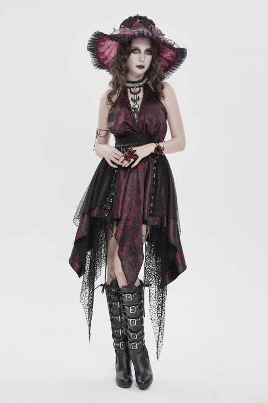 Off Shoulder Sleeveless Multi-Layered Printed Lace Irregular Tassels Gothic Dress