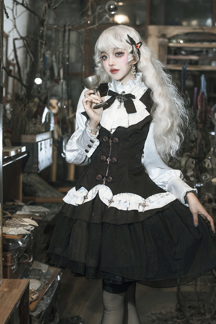 Black/White The Duke of Blood Multi-Layered Ruffled Bow Gothic Lolita Vest Skirt Set