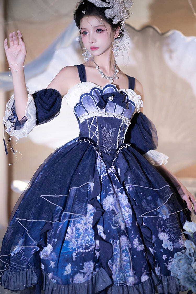 Blue Print Ruffle Lace Sweet Elegant Lolita Jsk Dress