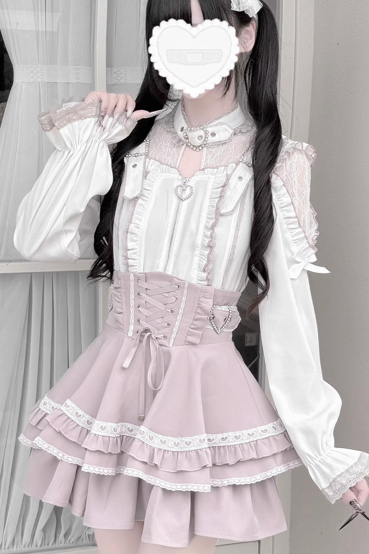 Stand Collar Sleeveless Ruffled Lace-Up Skirt and Blouse Set