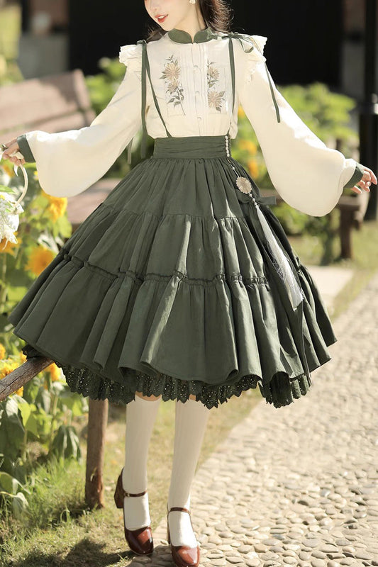 White/Green Country Sunflower Sweet Two-Piece Skirt Set - Sweet Lolita