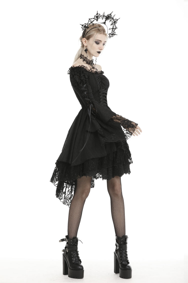 Black Off-Shoulder Trumpet Puff Sleeve Lace-Up Mesh Gothic Cocktail Dress